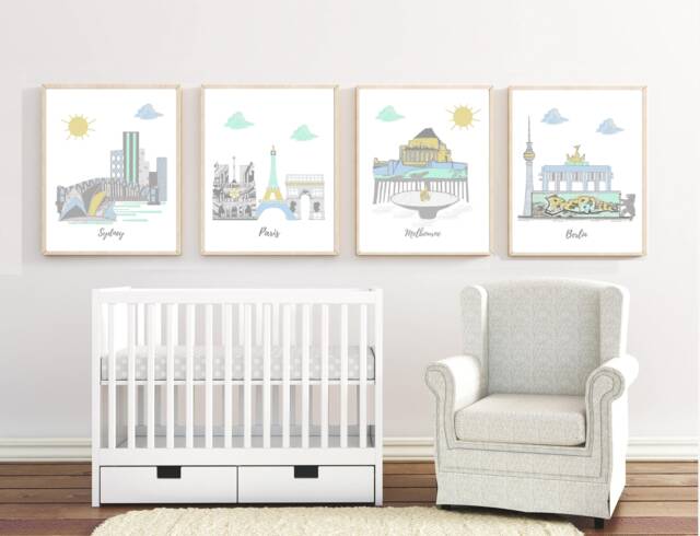 Travel Theme Nursery Art City Skyline Prints, Set Of 4 - image 1