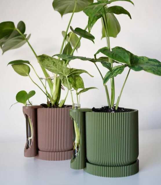 Twinia Planter With Propagation Tube Holder, Modern Ribbed Pot - image 1
