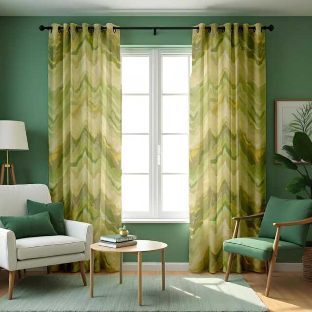 Soft Green Marble Print Curtain, Abstract Wavy Drape With Yellow Accents, Modern Window Treatment, Custom Size Available, Made To Order - image 1