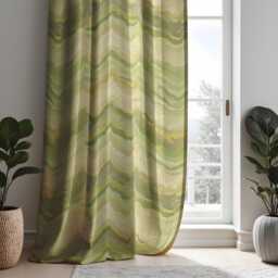 Soft Green Marble Print Curtain, Abstract Wavy Drape With Yellow Accents, Modern Window Treatment, Custom Size Available, Made To Order - thumbnail 2