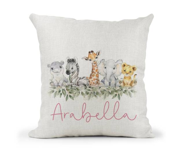 Personalised Jungle Animals Girls Cushion, Watercolour Zoo , New Home Gift, Baby Nursery - image 1