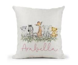 Personalised Jungle Animals Girls Cushion, Watercolour Zoo , New Home Gift, Baby Nursery - thumbnail 1