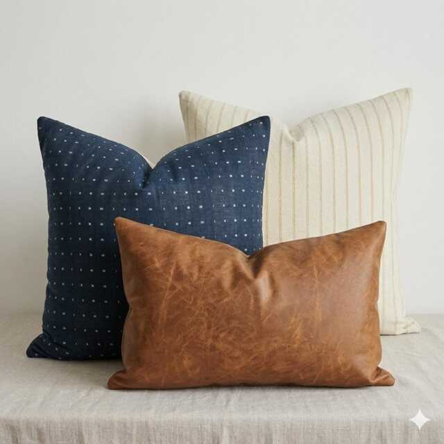 Lanna Woven Pillow Cover Set, Faux Leather & Polka Dot - image 1