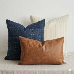 Lanna Woven Pillow Cover Set, Faux Leather & Polka Dot - thumbnail 1