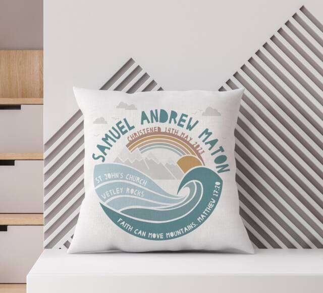 Personalised Christening Mountain Adventure Nursery Cushion - New Baby, Baptism, First Communion Gift, Available in Blue, Green & Natural - image 1