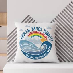 Personalised Christening Mountain Adventure Nursery Cushion - New Baby, Baptism, First Communion Gift, Available in Blue, Green & Natural - thumbnail 2