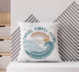 Personalised Christening Mountain Adventure Nursery Cushion - New Baby, Baptism, First Communion Gift, Available in Blue, Green & Natural - thumbnail 1