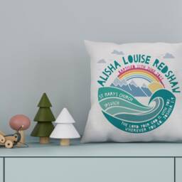 Personalised Christening Mountain Adventure Nursery Cushion - New Baby, Baptism, First Communion Gift, Available in Blue, Green & Natural - thumbnail 3