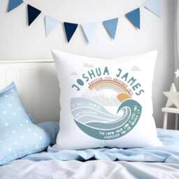 Personalised Christening Mountain Adventure Nursery Cushion - New Baby, Baptism, First Communion Gift, Available in Blue, Green & Natural - thumbnail 4