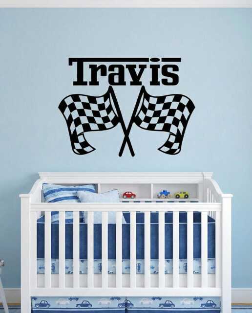 Personalized Race Car Nursery Wall Decal, Checkered Flags Boys Name Sticker Custom Color, Baby Boy Sign Decal - image 1