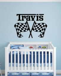 Personalized Race Car Nursery Wall Decal, Checkered Flags Boys Name Sticker Custom Color, Baby Boy Sign Decal - thumbnail 1