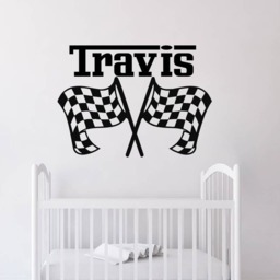 Personalized Race Car Nursery Wall Decal, Checkered Flags Boys Name Sticker Custom Color, Baby Boy Sign Decal - thumbnail 3