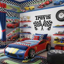 Personalized Race Car Nursery Wall Decal, Checkered Flags Boys Name Sticker Custom Color, Baby Boy Sign Decal - thumbnail 2