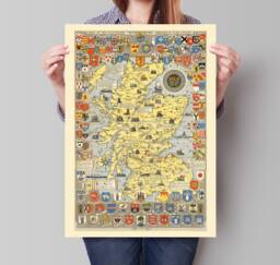 Historical Map Of Scotland - 1950 Pictorial Scottish Family Coats-Of-Arms Clan Chiefs Inverness Aberdeen Edinburgh Glasgow - thumbnail 1