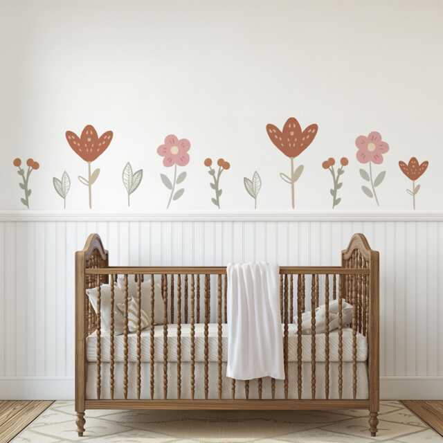 Boho Flower Wall Stickers For Nursery, Floral Nursery Decals, Neutral Baby Room Decor, Retro Peel & Stick Decals - image 1