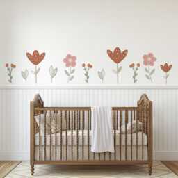 Boho Flower Wall Stickers For Nursery, Floral Nursery Decals, Neutral Baby Room Decor, Retro Peel & Stick Decals - thumbnail 1