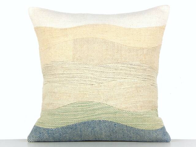 Textured Throw Pillow White Cream Blue 18x18 Landscape Patchwork Cushion Woven 45x45 Primitive Woolen Rustic Decorative - image 1