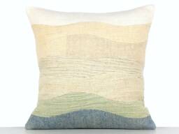 Textured Throw Pillow White Cream Blue 18x18 Landscape Patchwork Cushion Woven 45x45 Primitive Woolen Rustic Decorative - thumbnail 1