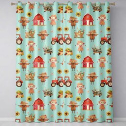 Cute Autumn Farm Barn Scarecrow Sunflower Floral Teal Seamless Pattern Readymade Eyelet Ring Top Thermal 100% Blackout Curtains - thumbnail 2
