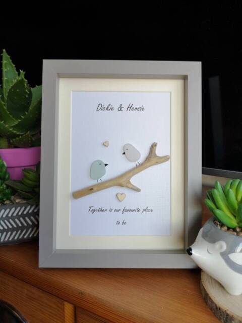 Couples Love Birds Personalised Sea Glass & Driftwood Art. Gift, Present - image 1
