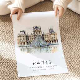 Paris Louvre Museum Travel Wall Art, Gifts, Parisian Map Coordinates, City Break Gift, Iconic Landmarks - thumbnail 2