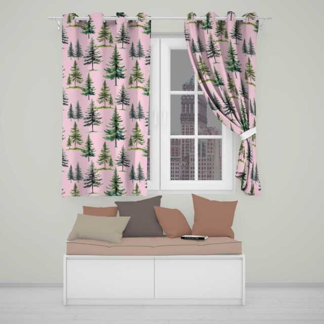 Pine Tree Forest Evergreen Woodland Nature On Blush Pink Seamless Pattern Readymade Eyelet Ring Top Thermal 100% Blackout Curtains - image 1