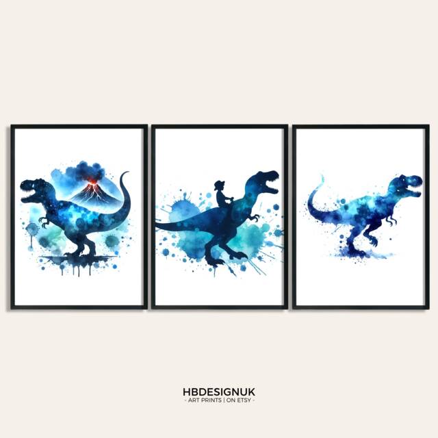 T Rex Dinosaur Print Poster - Set Of 3 Watercolour Blue Wall Prints - Tyrannosaurus Paintings Boy Gifts Artwork Decor Art - image 1