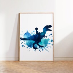T Rex Dinosaur Print Poster - Set Of 3 Watercolour Blue Wall Prints - Tyrannosaurus Paintings Boy Gifts Artwork Decor Art - thumbnail 3