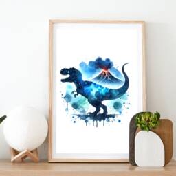 T Rex Dinosaur Print Poster - Set Of 3 Watercolour Blue Wall Prints - Tyrannosaurus Paintings Boy Gifts Artwork Decor Art - thumbnail 2