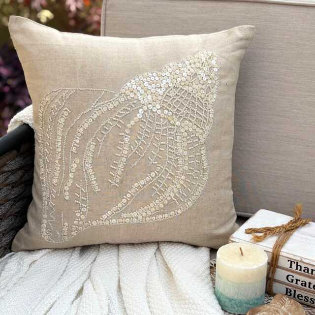 Cotton & Linen Mother Of Pearl Sea Creature Pattern Beige Pillow Sham, 24x24/26x26, Beach Style Euro Square Pillowcase - Shell - image 1