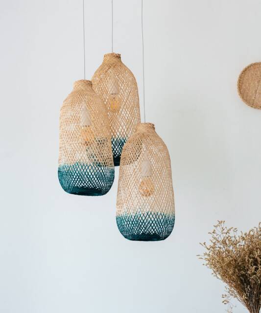 Cluster Bamboo Pendant Set - Teal Turquoise Baskets Triple Drop Canopy Fixture Colorful Woven Lampshade - image 1