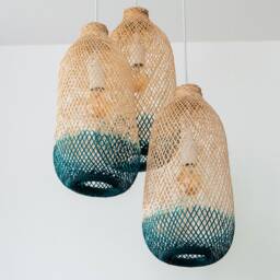 Cluster Bamboo Pendant Set - Teal Turquoise Baskets Triple Drop Canopy Fixture Colorful Woven Lampshade - thumbnail 3