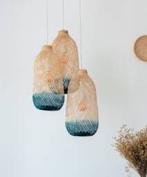 Cluster Bamboo Pendant Set - Teal Turquoise Baskets Triple Drop Canopy Fixture Colorful Woven Lampshade - thumbnail 1