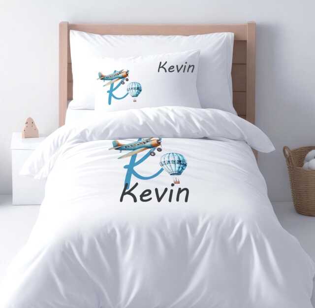 Personalized Airplane Kids Duvet Cover Boy Aviation Nursery Bedding Set - image 1