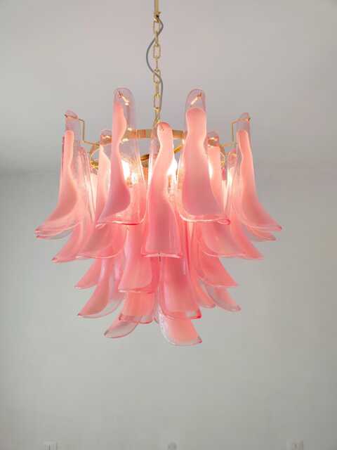 Murano Glass Chandelier in Pink Feathers & Polished Brass Metal Finish - image 1
