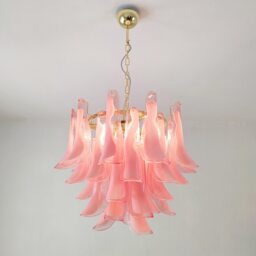 Murano Glass Chandelier in Pink Feathers & Polished Brass Metal Finish - thumbnail 2
