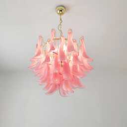 Murano Glass Chandelier in Pink Feathers & Polished Brass Metal Finish - thumbnail 3