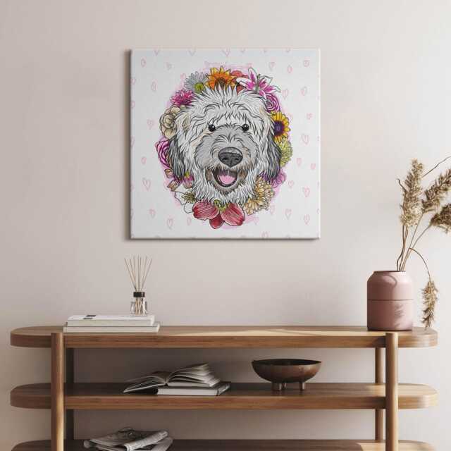 Happy Dog in Flowers Canvas, Wall Art Picture, Pink Decoration, Animals Canvas - image 1