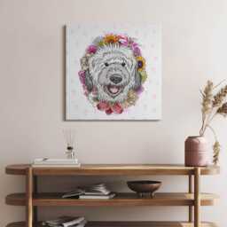 Happy Dog in Flowers Canvas, Wall Art Picture, Pink Decoration, Animals Canvas - thumbnail 1
