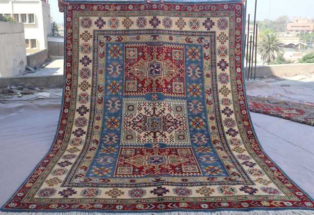 5x7 Kazak Rug, Afghan Hand Knotted High Pile Wool Tribal Oriental Area Rug, Rug For Bedroom Living Room, Blue Green Beige Red - image 1