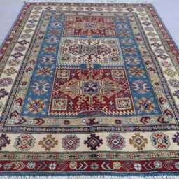 5x7 Kazak Rug, Afghan Hand Knotted High Pile Wool Tribal Oriental Area Rug, Rug For Bedroom Living Room, Blue Green Beige Red - thumbnail 3