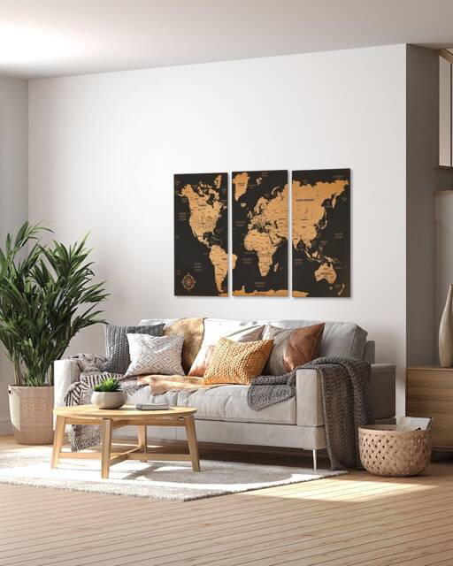 Push Pin World Map Wall Art, 3D Wooden Apartment Decor, Travel With Pins 5Th Anniversary Gift, 3 Piece Art Hanging - image 1