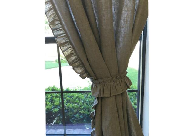 A Pair Of Dark Linen Curtains With Ruffles On The Leading Edges, Extra Long Curtains, Custom Curtains - image 1