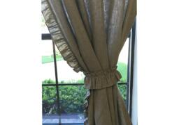 A Pair Of Dark Linen Curtains With Ruffles On The Leading Edges, Extra Long Curtains, Custom Curtains
