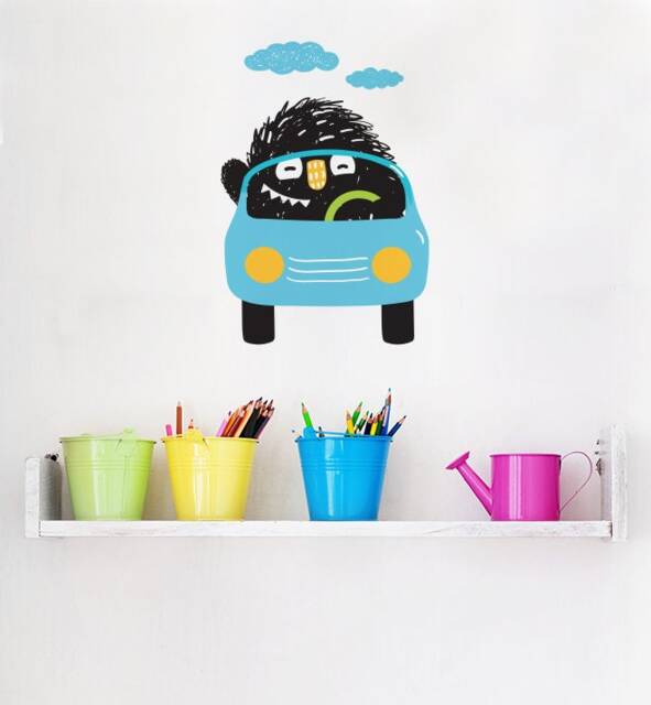 Cute Monster Driving Blue Car Wall Decal - Kids Room Decor
