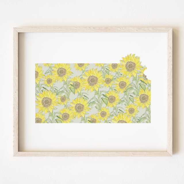 Kansas State Flower Map Watercolor Sunflower - Art Print Wall Graduation Wedding Realtor Moving Gift Lawrence Midwest Floral - image 1