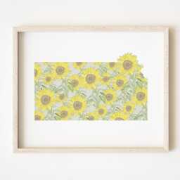 Kansas State Flower Map Watercolor Sunflower - Art Print Wall Graduation Wedding Realtor Moving Gift Lawrence Midwest Floral - thumbnail 1