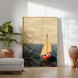 Sailboat Ocean Wall Art, Minimalist Nautical Print, Modern Coastal Poster, Red Boat Artwork, Scandinavian Seascape Home Decor - thumbnail 3