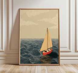 Sailboat Ocean Wall Art, Minimalist Nautical Print, Modern Coastal Poster, Red Boat Artwork, Scandinavian Seascape Home Decor - thumbnail 1