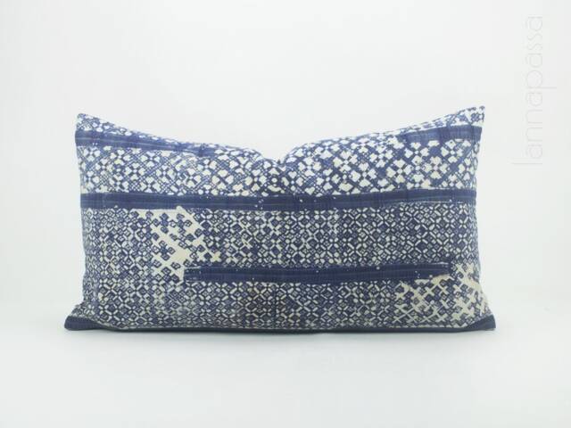 Vintage Hmong Batik Pillow Cover, Indigo Blue Rustic Throw Cushion - 24x13 - image 1